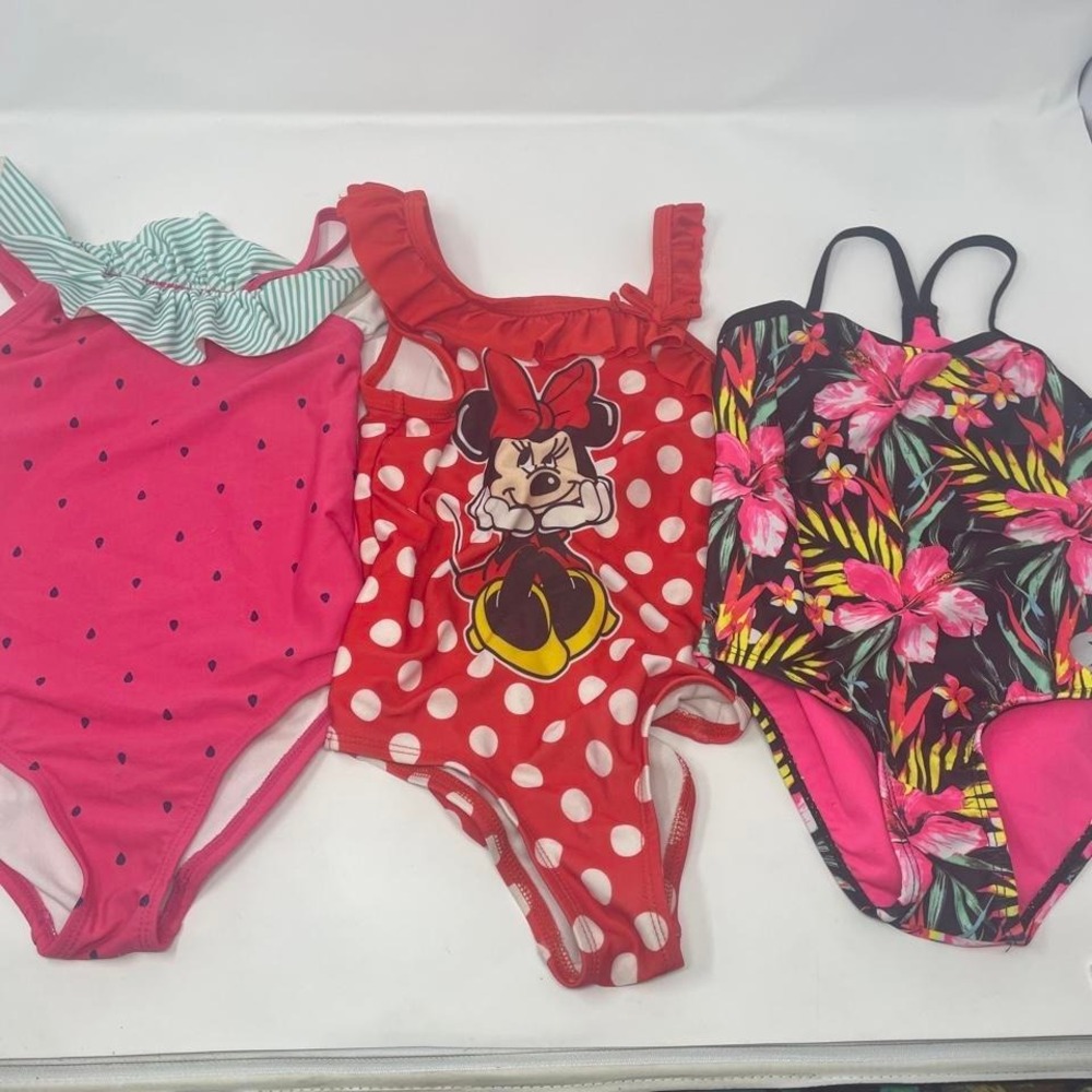 Toddler Girl Swimsuit Lot of 3 - Minnie Mouse, Watermelon, Floral 3T / 4T
